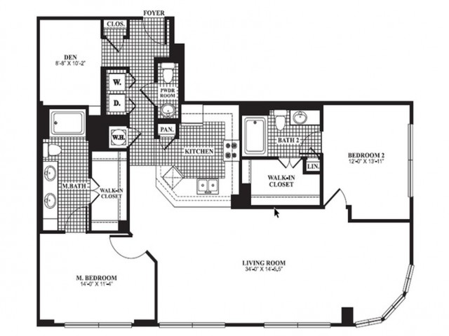 Two bedroom, one den, two bath, kitchen , pantry, coat closet, living room,two walk in closets, linen closet and patio and laundry room.