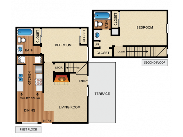 Two story apartment home with 2 bedrooms, 2 bathrooms, kitchen with vaulted ceiling, living room and fireplace, dining space, 3 closets, utility closet, storage closet, and private terrace