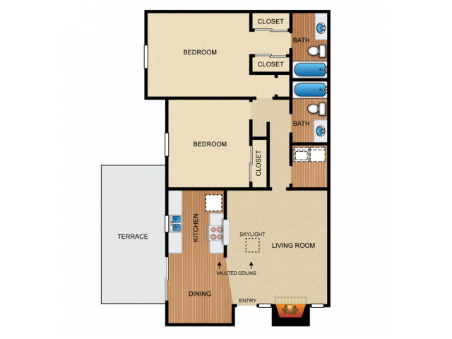 Apartment home with 2 bedrooms, 2 bathrooms, kitchen with vaulted ceiling, living room with skylight and fireplace, dining space, 3 closets, and private terrace