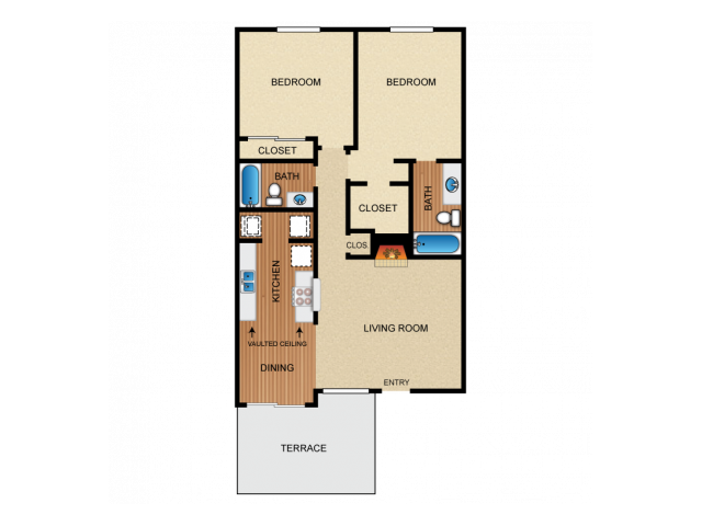 Apartment home with 2 bedrooms, 2 bathrooms, kitchen with vaulted ceiling, living room and fireplace, dining space, 2 bedroom closets, utility closet, coat closet, and private terrace