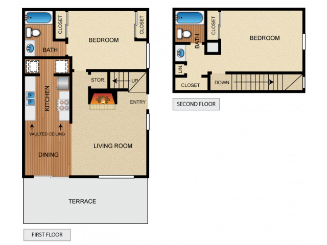 Two story apartment home with 2 bedrooms, 2 bathrooms, kitchen with vaulted ceiling, living room and fireplace, dining space, 3 closets, utility closet, storage closet, and private terrace