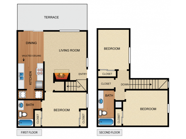 Two story apartment home with 3 bedrooms, 2 bathrooms, kitchen with vaulted ceiling, living room and fireplace, dining space, 4 closets, utility closet, storage/coat closet, and private terrace