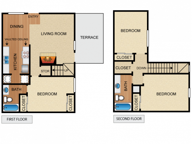 Two story apartment home with 3 bedrooms, 2 bathrooms, kitchen with vaulted ceiling, living room and fireplace, dining space, 4 closets, utility closet, storage/coat closet, and private terrace