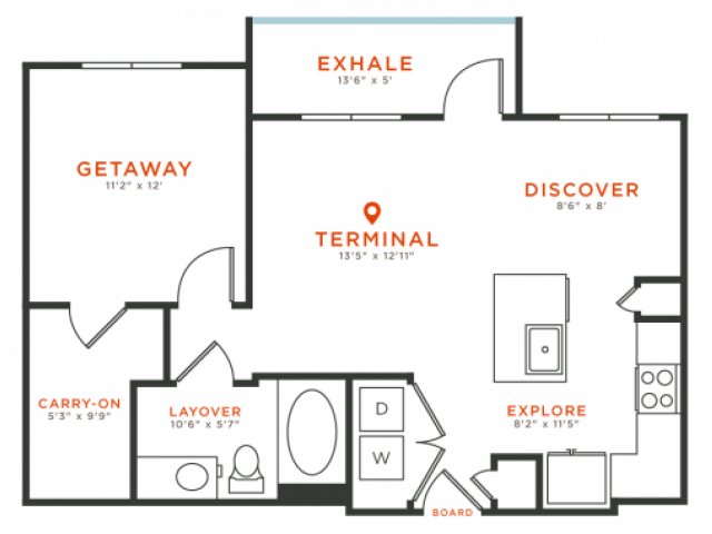 1 bedroom 1 bath with dining area, kitchen island, private patio and 718 square feet