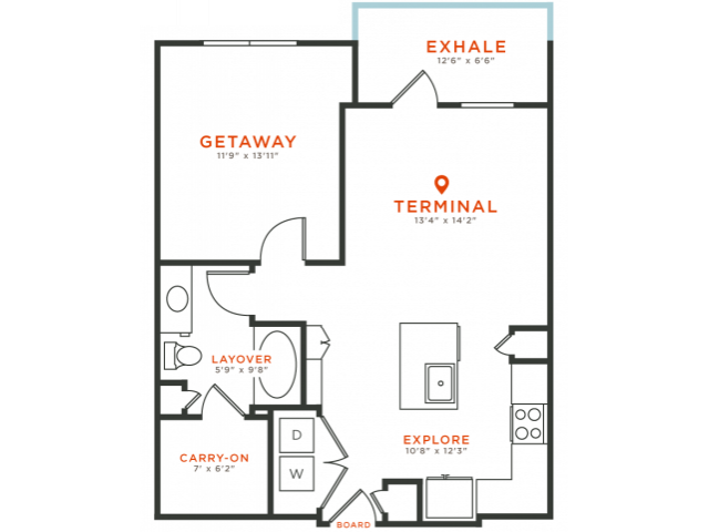 1 bedroom 1 bath with dining area, private patio, kitchen island, walk-in closet and 760 square feet