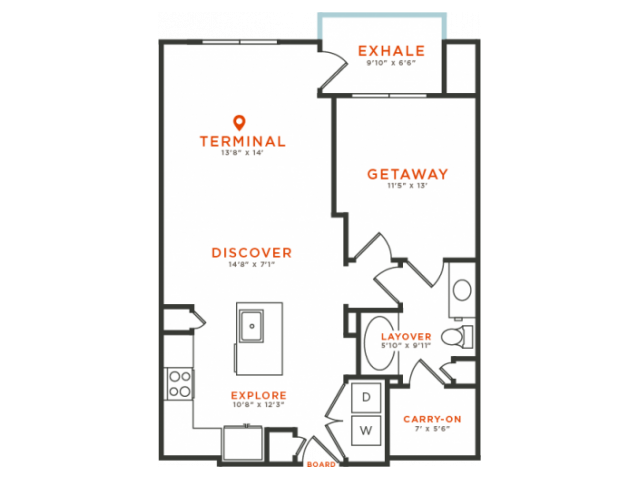 1 bedroom 1 bath with dining area, private patio, kitchen island, walk-in closet and 837 square feet