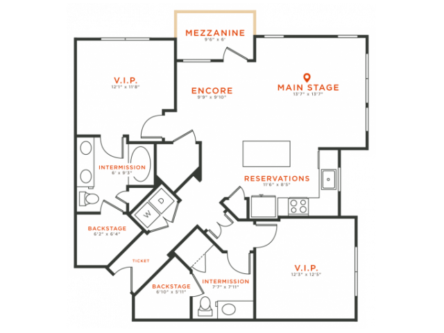 2 bedroom 2 bath apartment with kitchen island, dining area walk-in closets, private patio and 1165 square feet