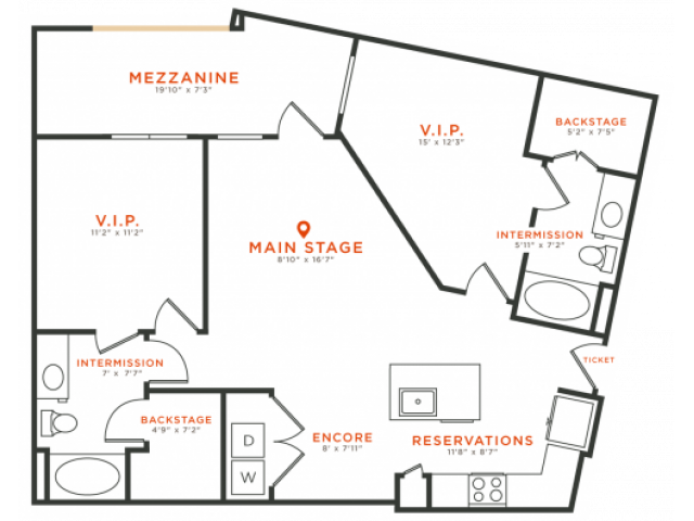 2 bedroom 2 bath apartment with dining area, kitchen island, walk-in closets, private patio and 1060 square feet