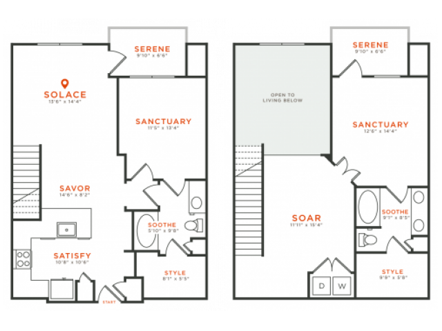 2 bedroom 2 bath two-story townhome apartment with dining area, walk-in closets, private patios and 1425 square feet