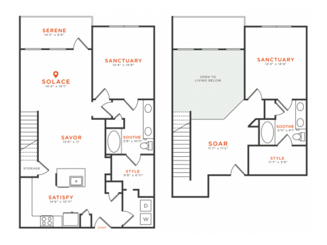 2 bedroom 2 bath two-story townhome apartment with kitchen island, dining area, walk-in closets, private patio and 1621 square feet