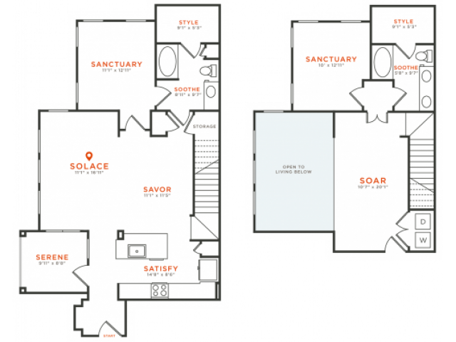 2 bedroom 2 bath two-story townhome apartment with kitchen island, dining area, walk-in closets, private patio and 1581 square feet