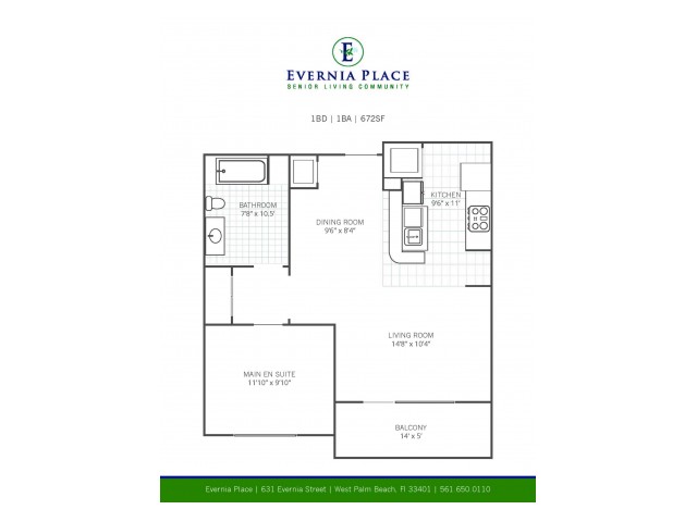 One Bedroom One Bath l A1 Layout l Evernia Place