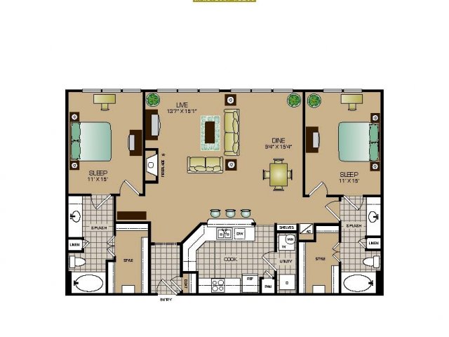 Two bedroom, two bath, kitchen, pantry, coat closet, living room, dining room, two walk in closets, linen closet and patio and laundry room