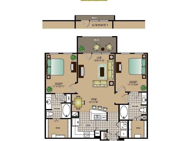 Two bedroom, two bath, kitchen, pantry, coat closet, living room, dining room, two walk in closets, linen closet and patio and laundry room