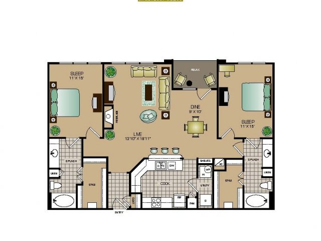 Two bedroom, two bath, kitchen, pantry, coat closet, living room, dining room, two walk in closets, linen closet and patio and laundry room