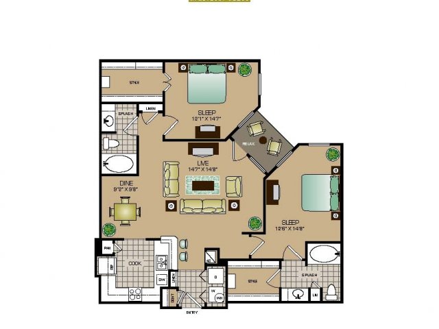 Two bedroom, two bath, kitchen, pantry, coat closet, living room, dining room, two walk in closets, linen closet and patio and laundry room