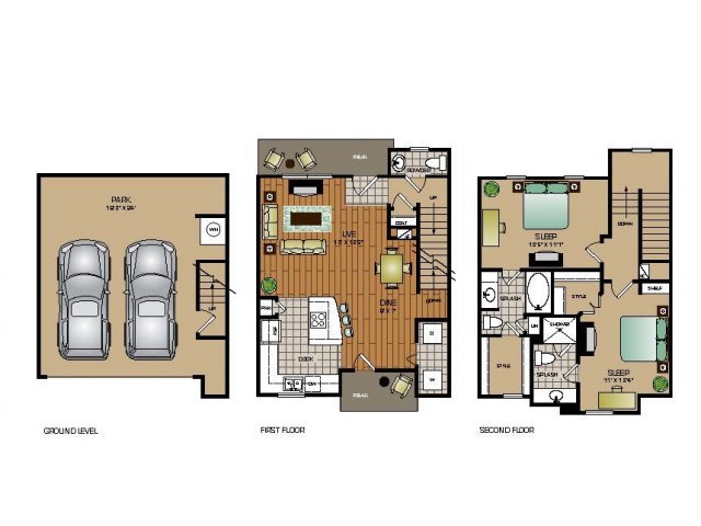 Two bedroom, two and a half bathroom townhome with attached garage, kitchen, pantry, coat closet, living room, dining room, two walk in closets, linen closet and patio and laundry room