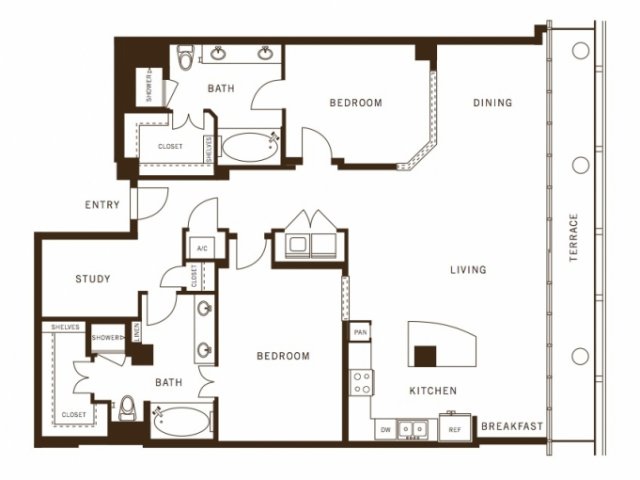 Two bedroom, two bathroom, terrace, living room, dining room, kitchen, two walk in closet, laundry room, utility closet, coat closet, and pantry. 1713 square feet B6 floor plan.