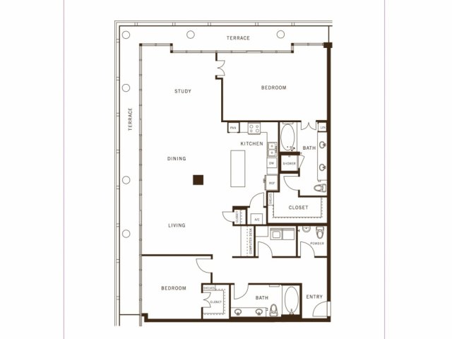 Two bedroom, two and a half bathroom, terrace, living room, dining room, kitchen, two walk in closet, laundry room, utility closet, coat closet, and pantry. 2057 square feet B11 floor plan.