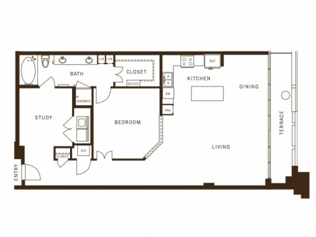 One bedroom, one bathroom, kitchen, living room, pantry , coat closet, walk in closet, laundry room, utility room, one study, and patio.