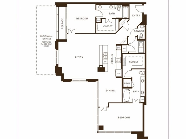 Two bedroom, two and a half bathroom, terrace, living room, dining room, kitchen, two walk in closet, laundry room, utility closet, coat closet, and pantry. 1672 square feet B6 floor plan.