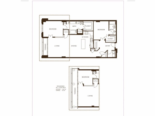 Two bedroom, two bathroom, terrace, living room, dining room, kitchen, two walk in closet, laundry room, utility closet, coat closet, and pantry. 1537 square feet B4 floor plan.