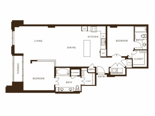 Two bedroom, two bathroom, terrace, living room, dining room, kitchen, two walk in closet, laundry room, utility closet, coat closet, and pantry. 1328 square feet B1 floor plan.