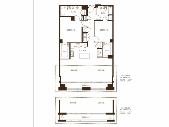 Two bedroom, two bathroom, terrace, living room, dining room, kitchen, two walk in closet, laundry room, utility closet, coat closet, and pantry. 1572 square feet B5 floor plan.