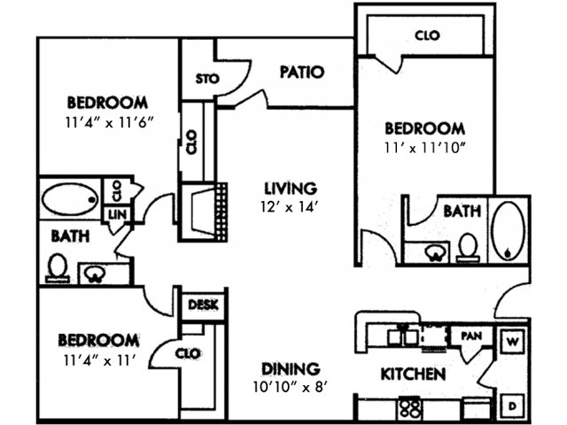 Escalante Apartment Homes, C1 Three Bedroom Floor Plan