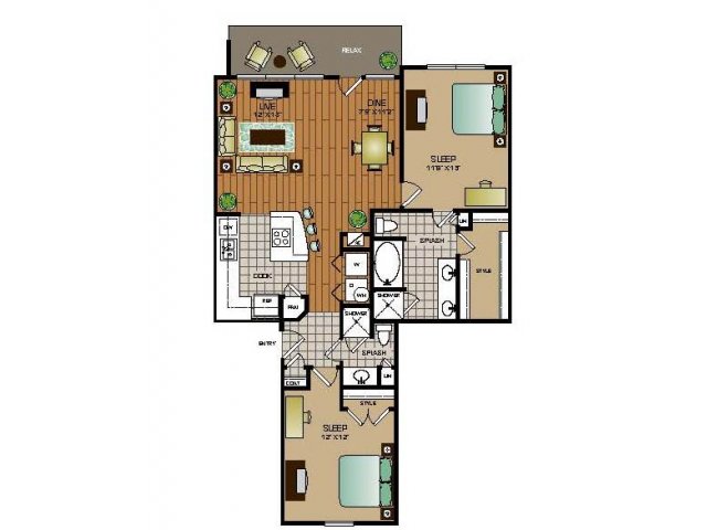 Two bedroom, two bathroom townhome,kitchen, pantry, coat closet, living room, dining room, two walk in closets, linen closet and patio and laundry room