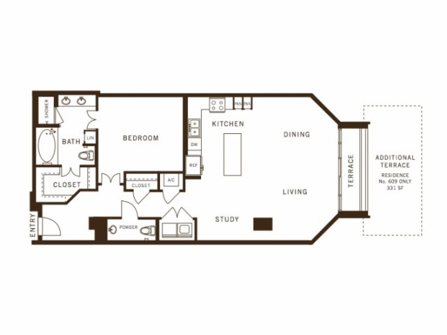One bedroom, one bathroom, kitchen, living room, pantry , coat closet, walk in closet, laundry room, utility room, and one study.