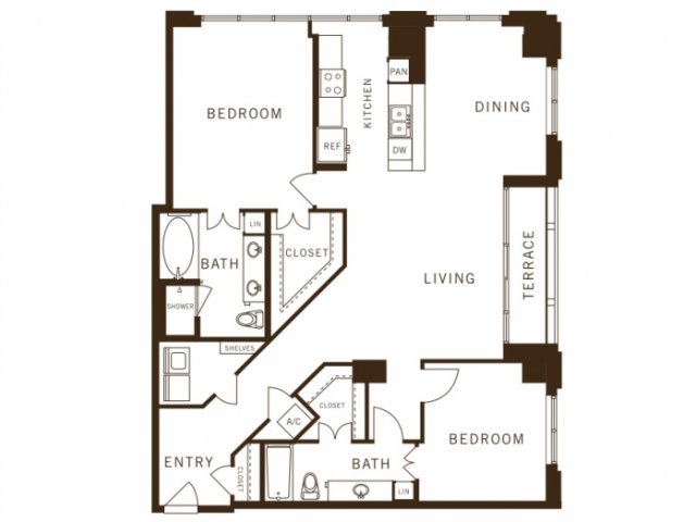 Two bedroom, two bathroom, terrace, living room, dining room, kitchen, two walk in closet, laundry room, utility closet, coat closet, and pantry. 1488 square feet B3 floor plan.