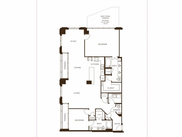 Two bedroom, two and a half bathroom, terrace, living room, dining room, kitchen, two walk in closet, laundry room, utility closet, coat closet, and pantry. 2003 square feet B9 floor plan.