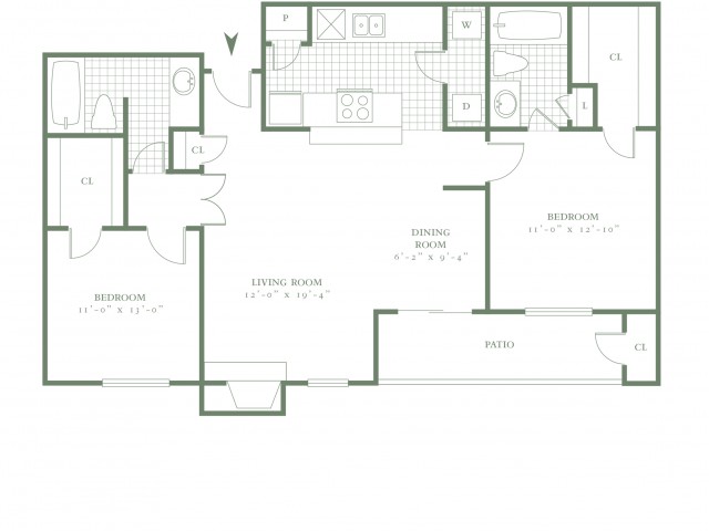 Two Bedroom/Two Bath - 972sf