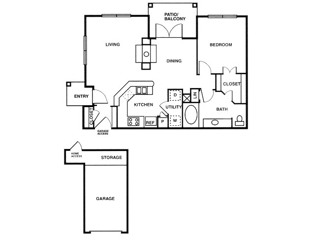 A6 one bed, one bath with attached garage, dining room and patio/balcony