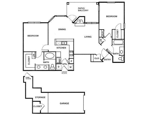 B2 two bed, two bath with attached garage, dining room and patio/balcony