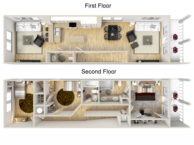 Three bedroom two and a half bath town home 3D floor plan