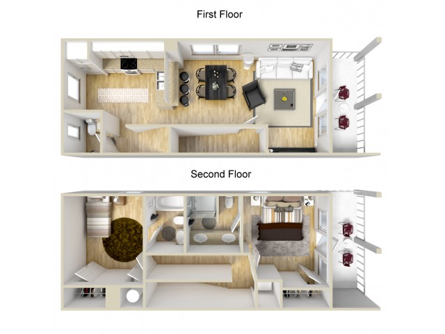 Two bedroom two and a half bath town home 3D floor plan