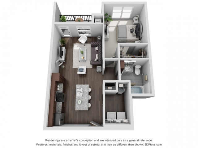 Berkshire 1 Bedroom & 1 Bathroom Floor Plan At San Mateo Crossing Apartments