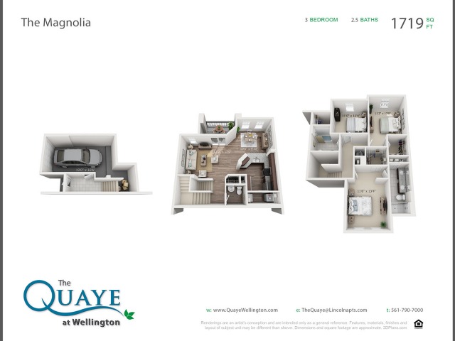 Magnolia three bedroom two and a half bathroom town home with single car garage 3D floor plan, 1,719 sq. ft.