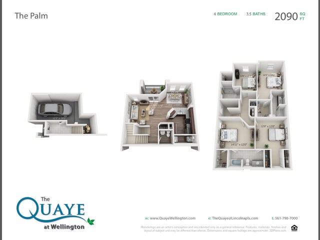 Palm four bedroom three bathroom town home with single car garage 3D floor plan, 2,090 sq. ft.