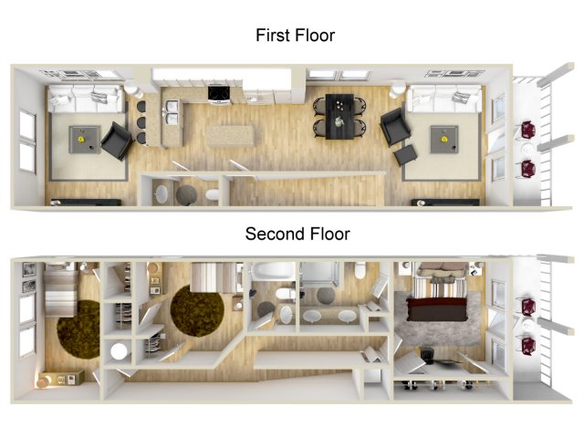 Three bedroom two and a half bath town home 3D floor plan