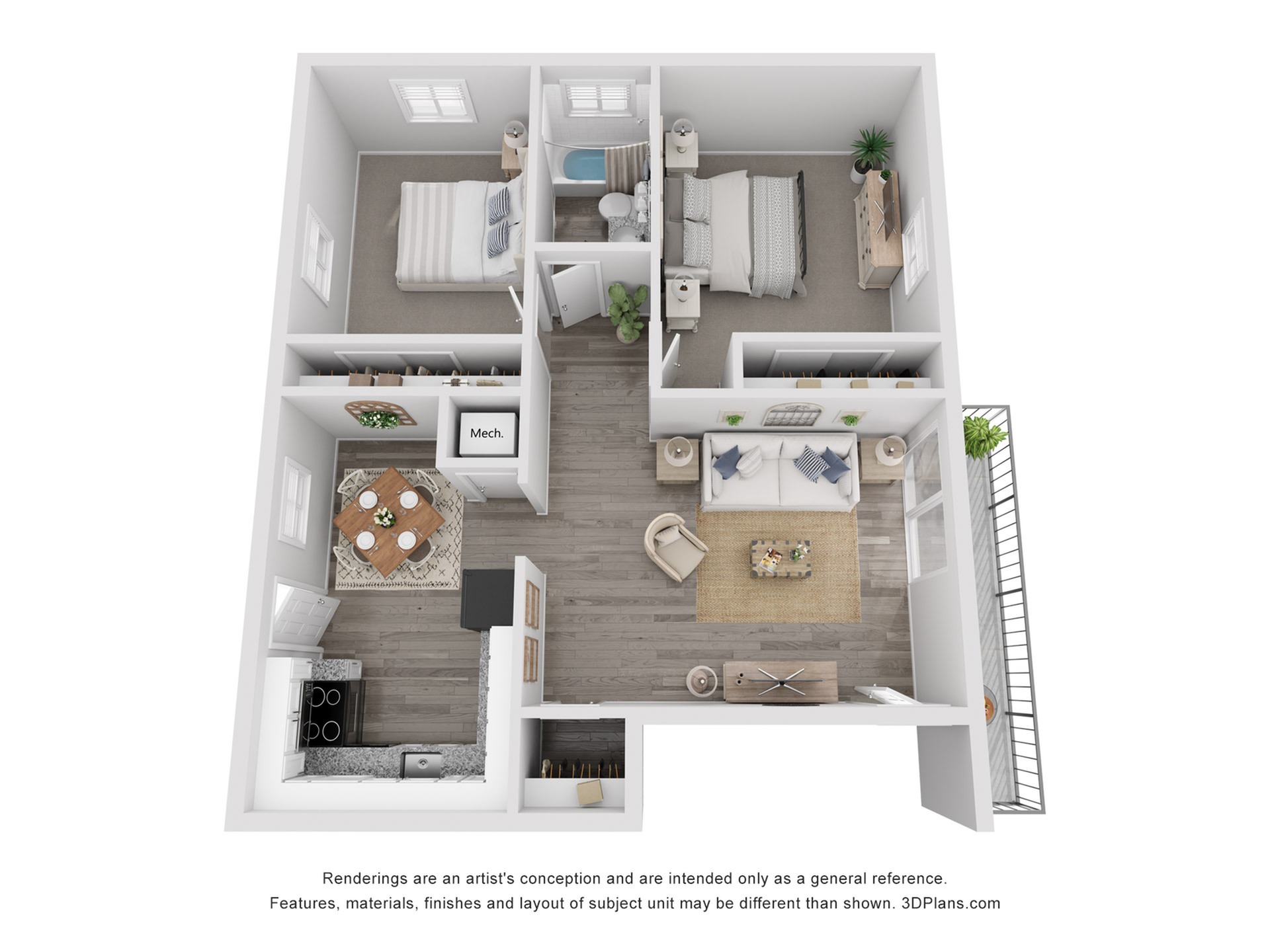2 bed 1 bath floorplan with plank style flooring, large rooms, eat in kitchen, full appliance package