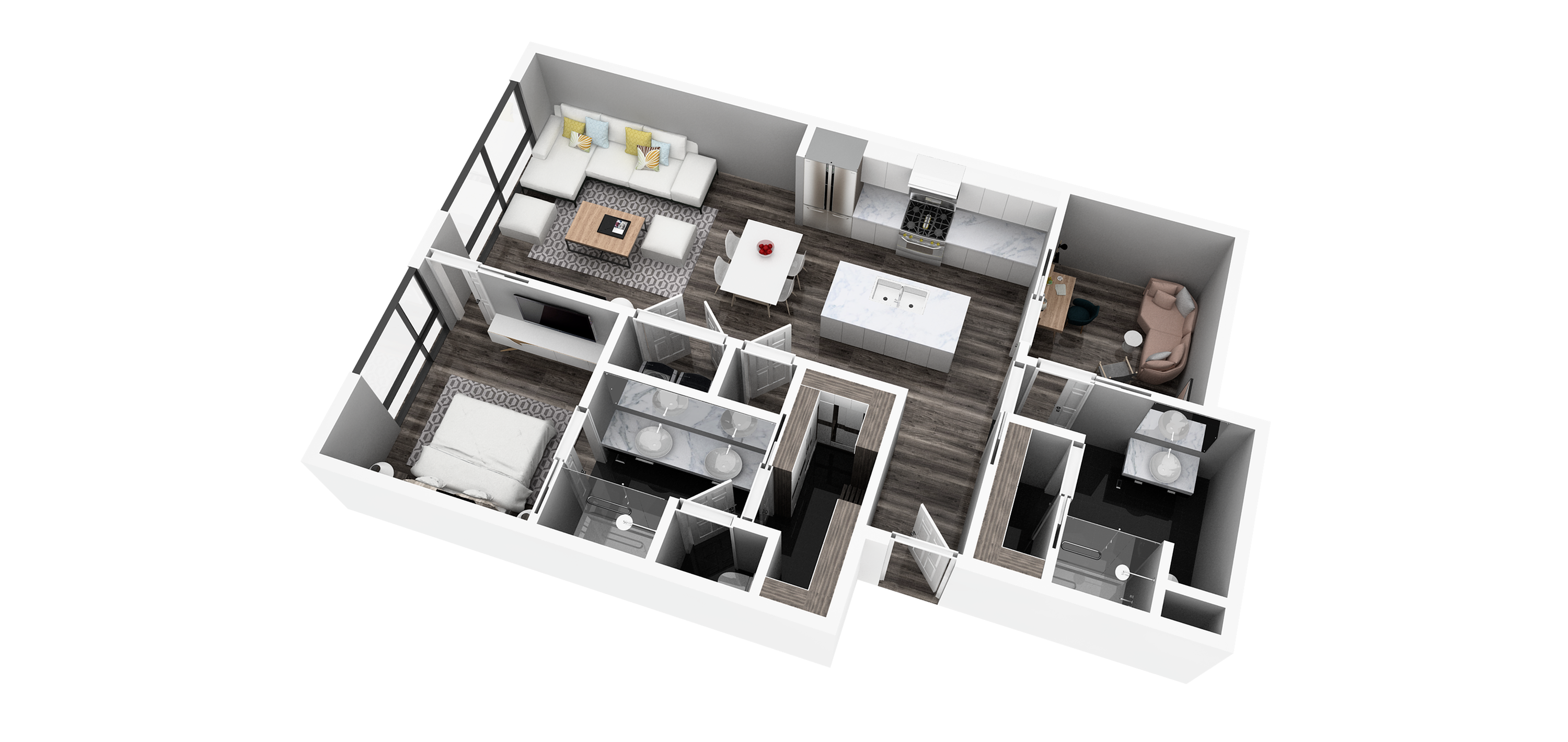 2 bedroom 2 bathroom 3D floorplan