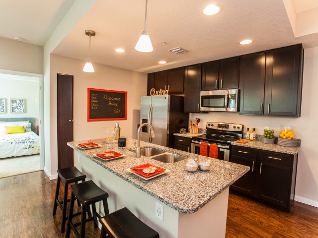Granite countertops, full stainless steel appliance package including microwave and pendant lighting in kitchen l High Ridge Landing