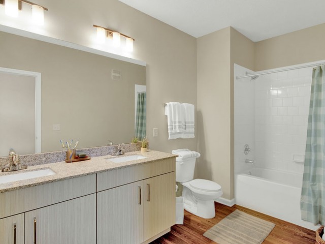 400 north apartments Maitland Florida bathroom with wood vinyl flooring, double sink, large mirror with tub and shower combo