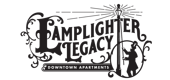 Lamplighter Legacy Downtown Apartments Logo with a street light and a man illuminating the lantern