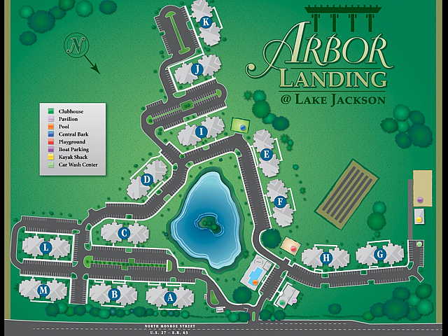 Bright and inviting apartment complex site map showcasing Arbor Landing at Lake Jackson with a peaceful central pond, pool, playground, and recreational facilities surrounded by lush greenery.