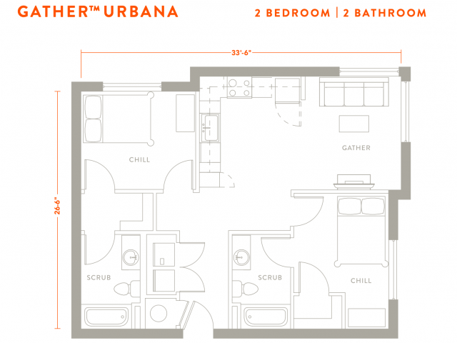 2 Bed, 2 Bath Deluxe floor plan