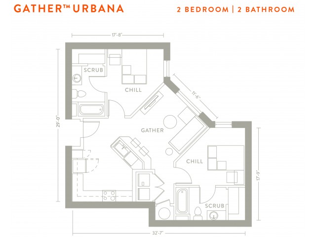 2 Bed, 2 Bath Corner floor plan